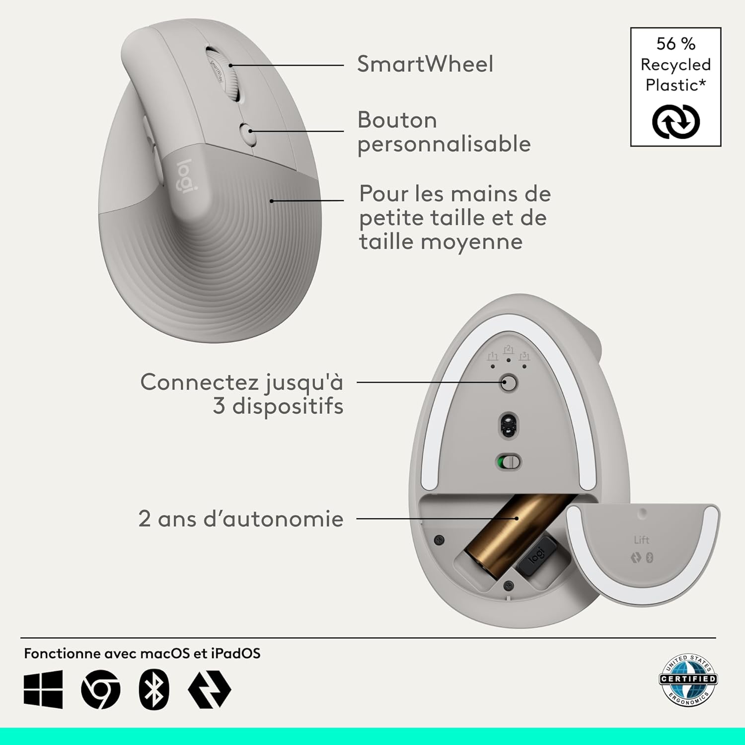 Logitech Lift Souris Ergonomique Verticale, sans Fil, Bluetooth ou récepteur USB Logi Bolt, Silencieuse, 4 Boutons, Compatible avec Windows/macOS/iPadOS, Ordinateur Portable, PC - Sable — miniature 3