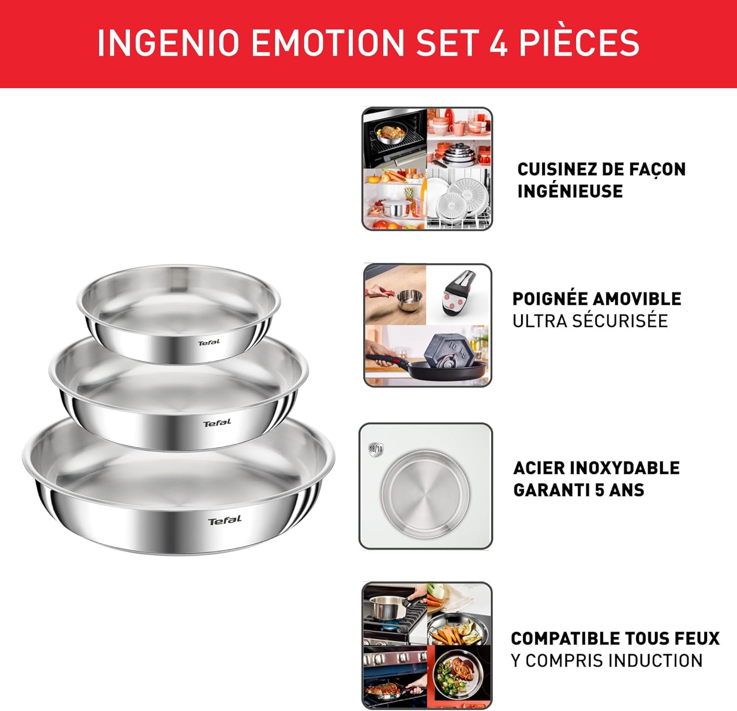 Tefal Ingenio Emotion L8968445 – Set 3 Poêles Inox 22/24/28 cm + Poignée Amovible | Induction | Empilable — miniature 2