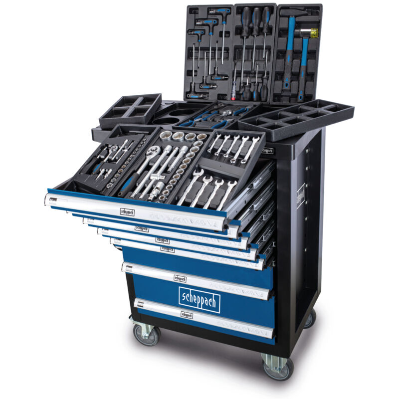 Scheppach Servante d'atelier TW1100 Set d'outils - Chariot d'outillage avec 4 roulettes - 70 pièces incluses - Verrouillable et Mobile - 7 tiroirs